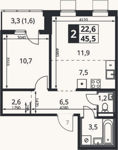 Планировка: 2-к, 45 м²