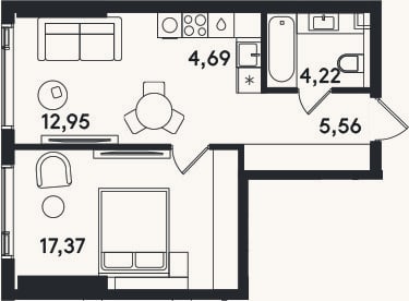 Планировка: 2-к, 44,8 м²