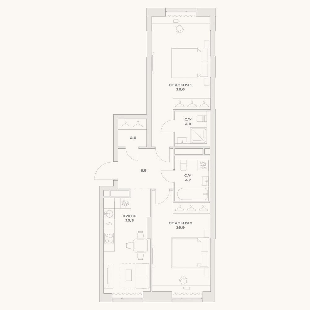 Планировка: 2-к, 66,3 м²
