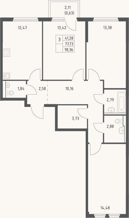 Планировка: 3-к, 77,7 м²
