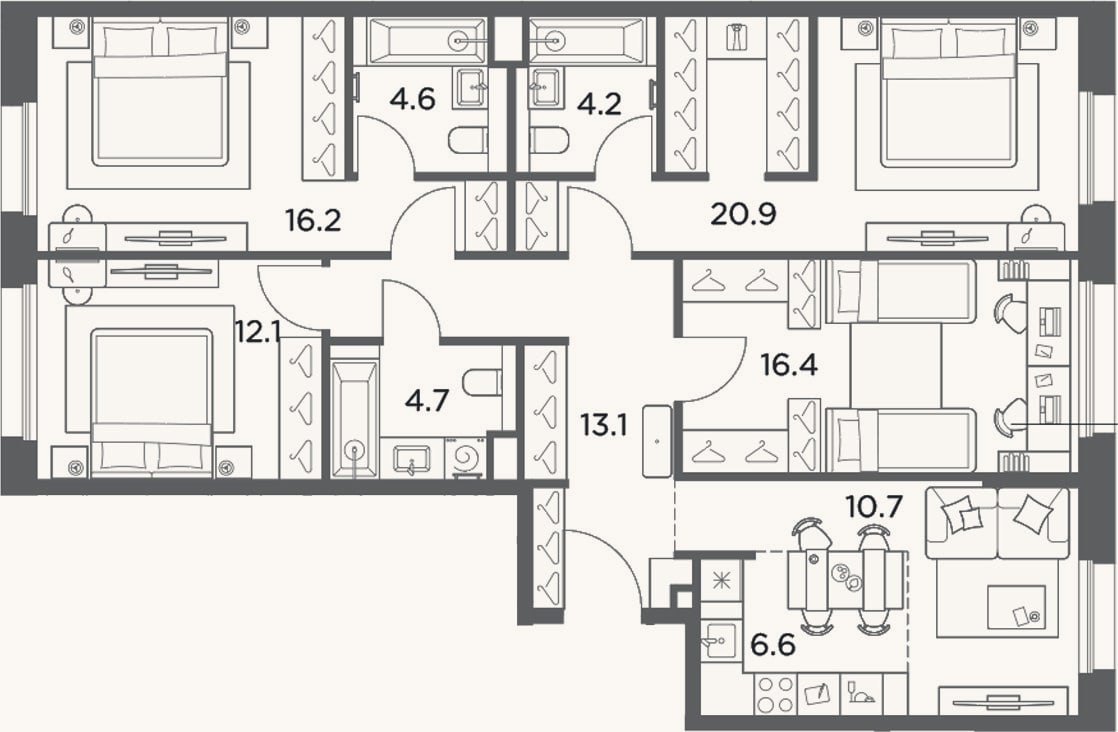 Планировка: 4+ к, 109,5 м²