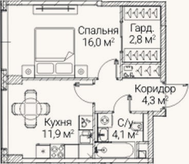 Планировка: 1-к, 39,1 м²