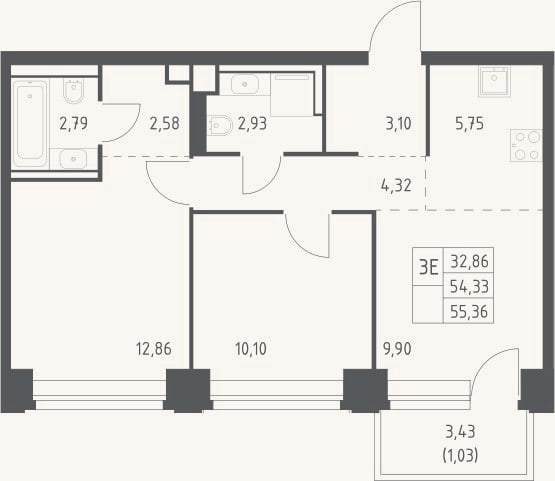 Планировка: 3-к, 54,3 м²