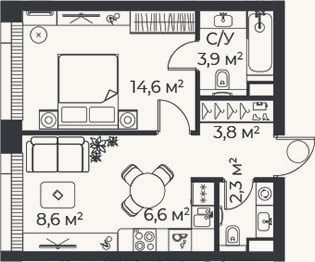 Планировка: 2-к, 39,8 м²
