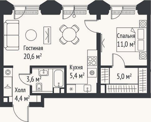 Планировка: 2-к, 50 м²