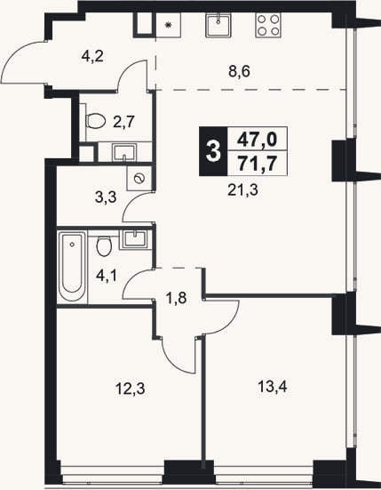 Планировка: 3-к, 71,7 м²