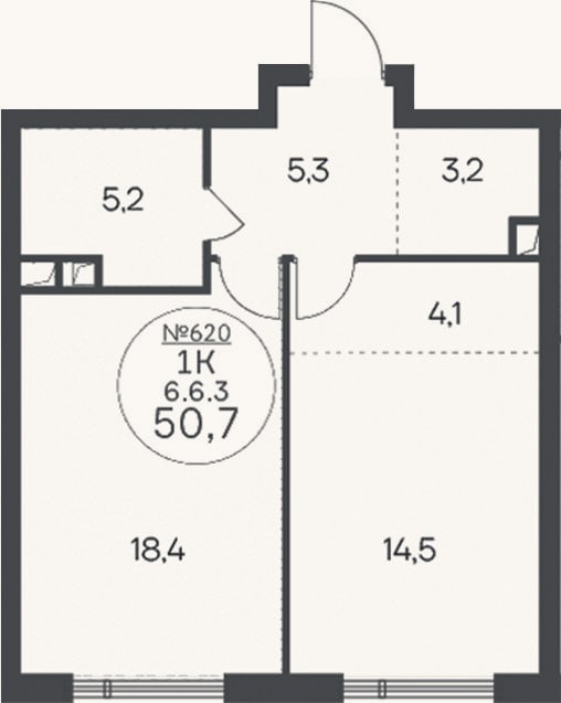 Планировка: 1-к, 50,7 м²