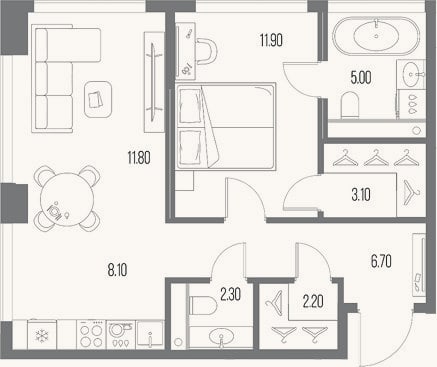 Планировка: 1-к, 51,1 м²