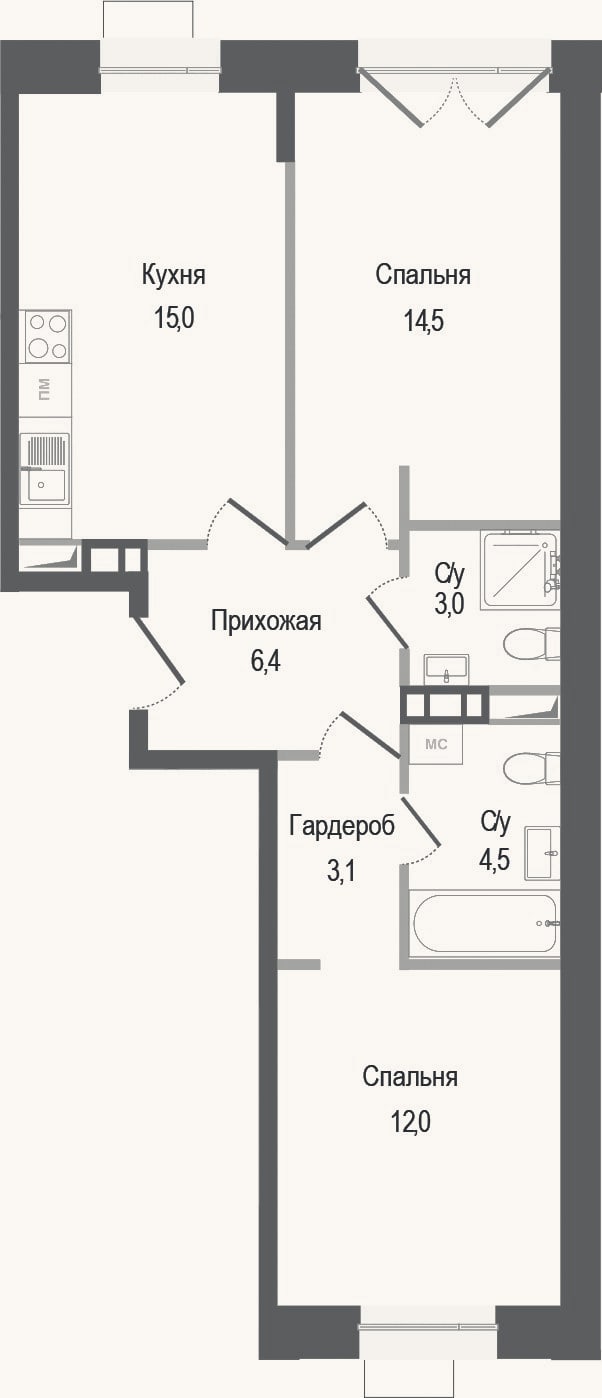 Планировка: 2-к, 58,5 м²