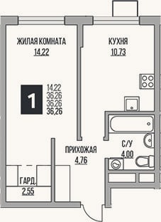 Планировка: 1-к, 36,3 м²