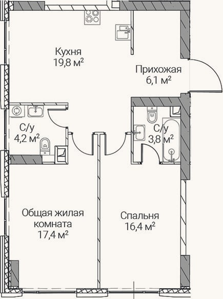 Планировка: 2-к, 67,7 м²