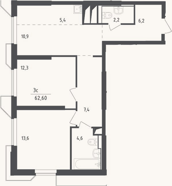 Планировка: 3-к, 62,6 м²