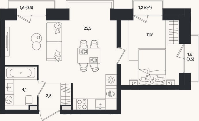 Планировка: 2-к, 44 м²