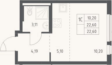 Планировка: Студия, 22,6 м²