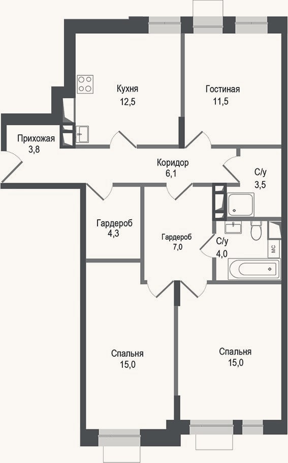 Планировка: 3-к, 82,7 м²