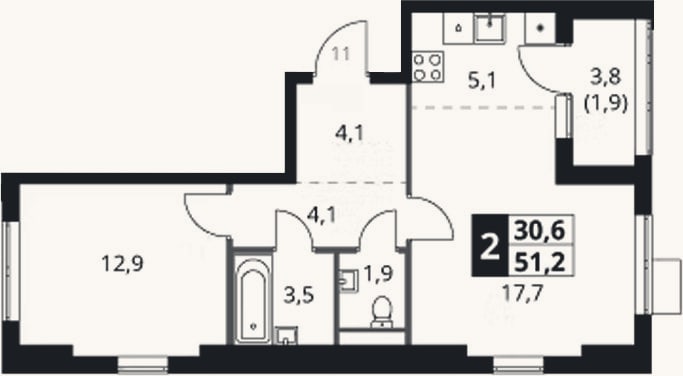 Планировка: 2-к, 49,3 м²