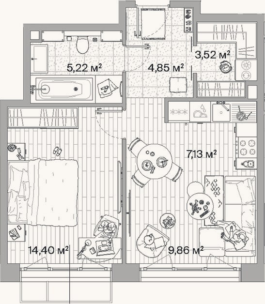 Планировка: 2-к, 45 м²
