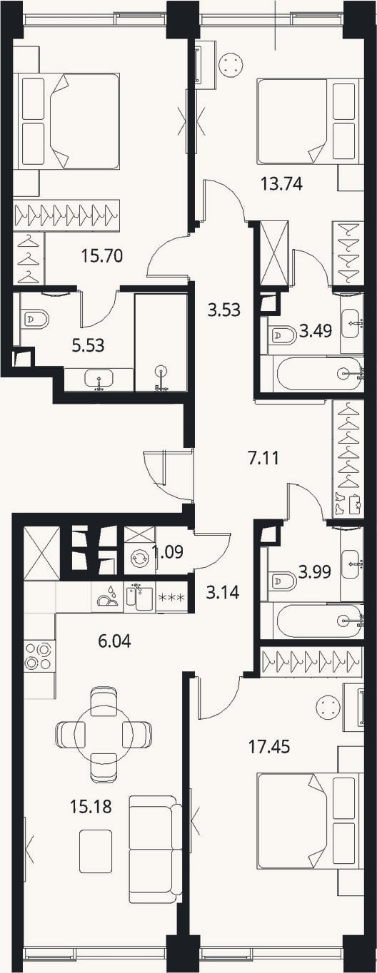 Планировка: 4+ к, 96 м²