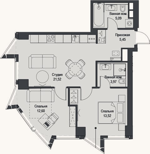 Планировка: 3-к, 62,2 м²