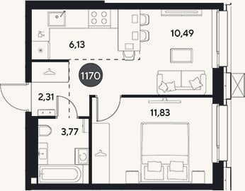 Планировка: 2-к, 34,5 м²