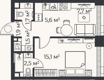 Планировка: 2-к, 36,1 м²
