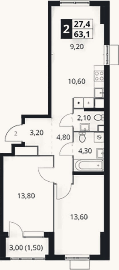 Планировка: 3-к, 61,6 м²