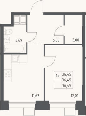 Планировка: 1-к, 36,5 м²