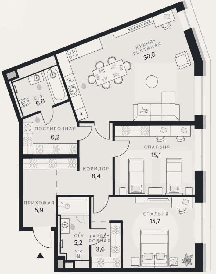 Планировка: 2-к, 96,9 м²