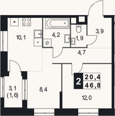 Планировка: 2-к, 45,2 м²
