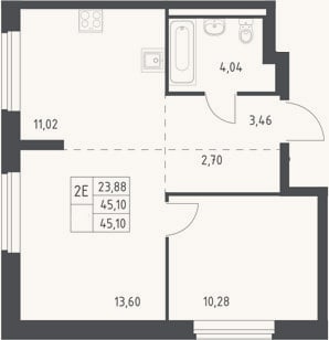 Планировка: 2-к, 45,1 м²