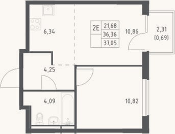 Планировка: 2-к, 36,4 м²