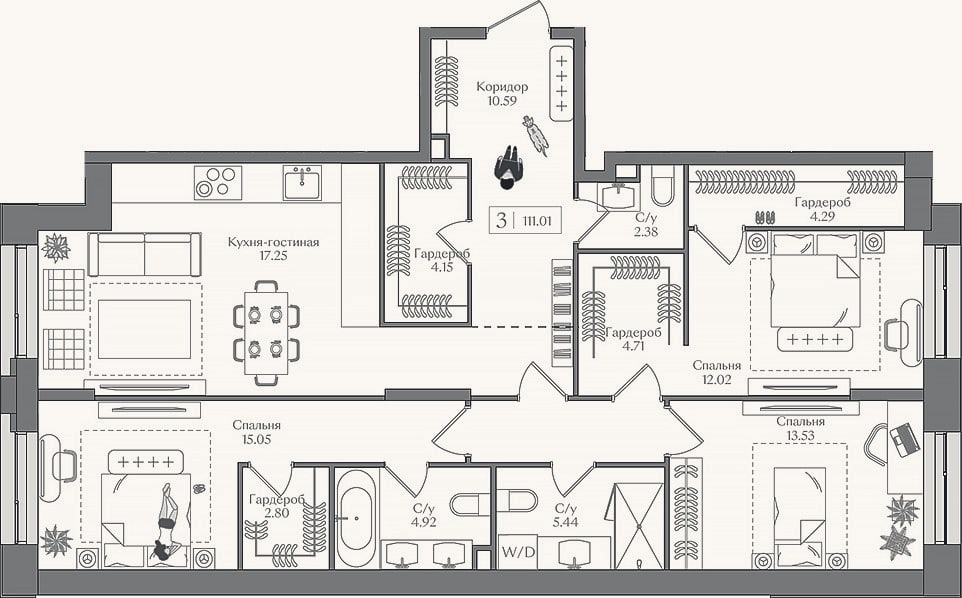 Планировка: 4+ к, 111 м²