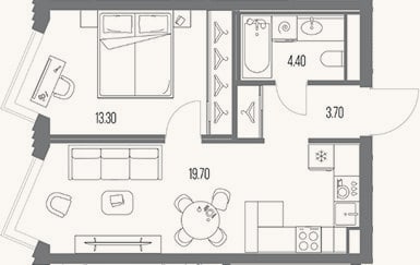 Планировка: 1-к, 41,1 м²