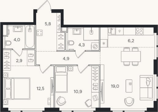 Планировка: 3-к, 70,7 м²