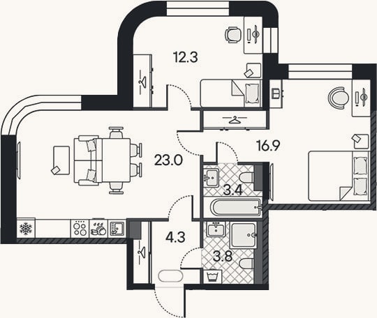 Планировка: 3-к, 63,7 м²