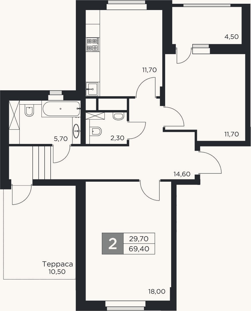 Планировка: 2-к, 64 м²