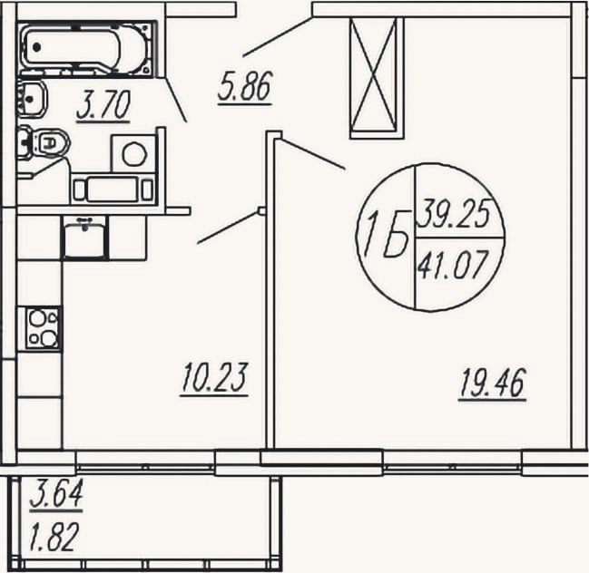 Планировка: 1-к, 39,3 м²