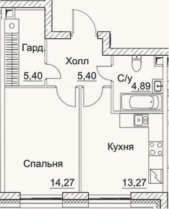 Планировка: 1-к, 43,2 м²