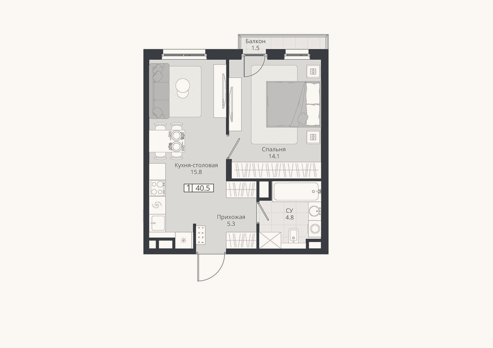 Планировка: 2-к, 40 м²