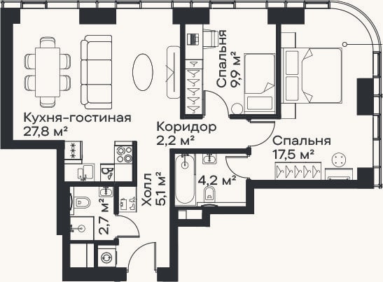 Планировка: 3-к, 69,4 м²