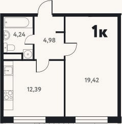 Планировка: 1-к, 41,1 м²