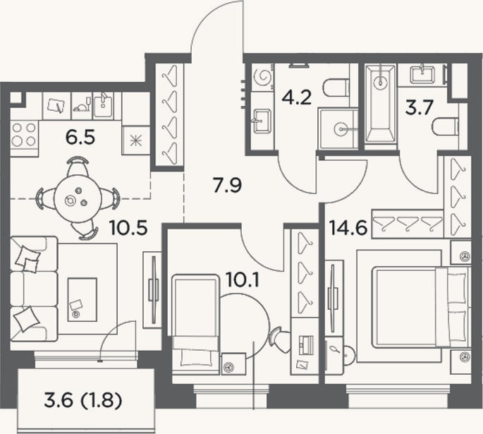 Планировка: 3-к, 57,5 м²