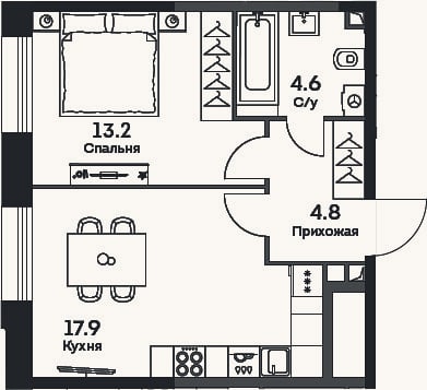 Планировка: 2-к, 40,5 м²