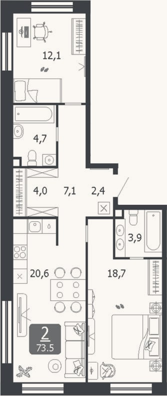Планировка: 3-к, 73,5 м²