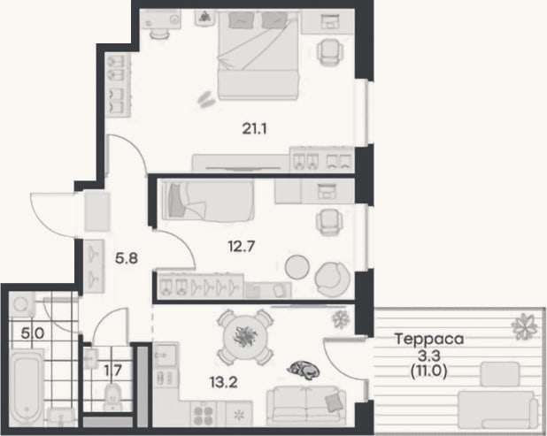 Планировка: 2-к, 59,5 м²