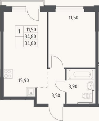 Планировка: 2-к, 34,8 м²