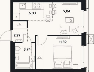 Планировка: 2-к, 33,5 м²