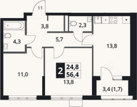 Планировка: 2-к, 54,7 м²