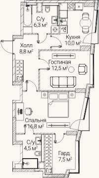 Планировка: 2-к, 65,8 м²