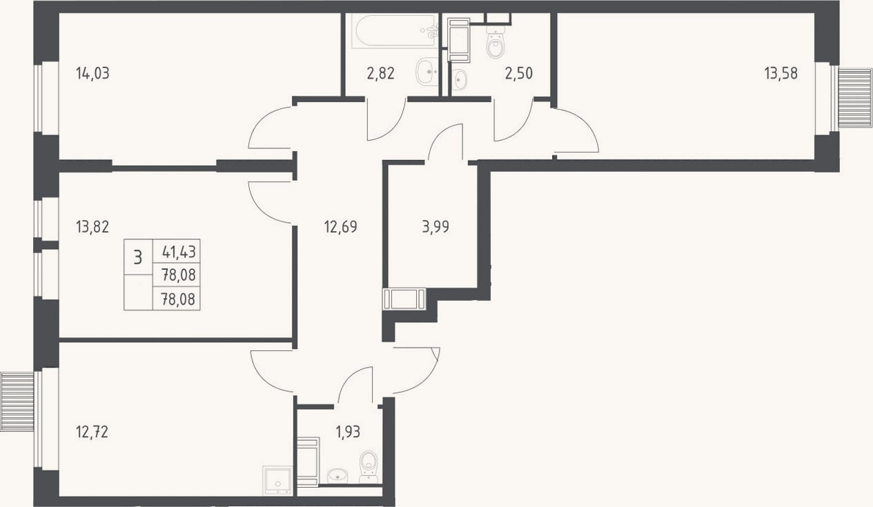 Планировка: 3-к, 78,1 м²